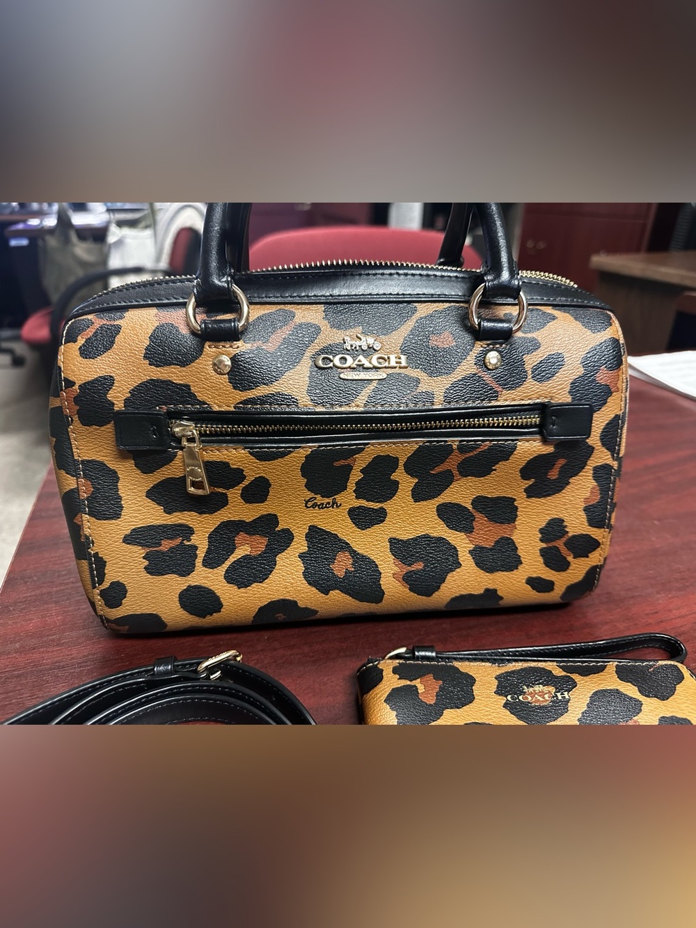 Coach Leopard Print Mini Satchel with Card Case - Tan/Black - Picture 2 of 9